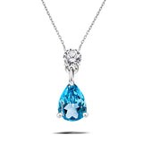 Classic 2 Carat Round and Pear Cut Dangle - Blue Topaz - December Birthstone Pendant Necklace in 18k White Gold over Silver, Women