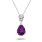 Classic 2 Carat Round and Pear Cut Dangle - Amethyst - February Birthstone Pendant Necklace in 18k White Gold over Silver, Women
