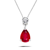 Classic 2 Carat Round and Pear Cut Dangle - Ruby - July Birthstone Pendant Necklace in 18k White Gold over Silver, Women