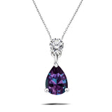 Classic 2 Carat Round and Pear Cut Dangle - Alexandrite - June Birthstone Pendant Necklace in 18k White Gold over Silver, Women