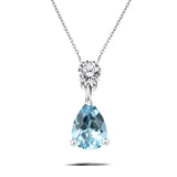 Classic 2 Carat Round and Pear Cut Dangle - Aquamarine - March Birthstone Pendant Necklace in 18k White Gold over Silver, Women