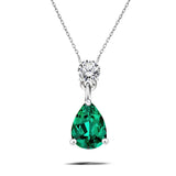 Classic 2 Carat Round and Pear Cut Dangle - Emerald - May Birthstone Pendant Necklace in 18k White Gold over Silver, Women