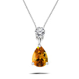 Classic 2 Carat Round and Pear Cut Dangle - Citrine - November Birthstone Pendant Necklace in 18k White Gold over Silver, Women