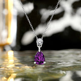 Classic 2 Carat Round and Pear Cut Dangle - Amethyst - February Birthstone Pendant Necklace in 18k White Gold over Silver, Women