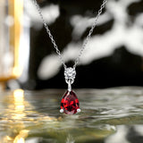 Classic 2 Carat Round and Pear Cut Dangle - Garnet - January Birthstone Pendant Necklace in 18k White Gold over Silver, Women