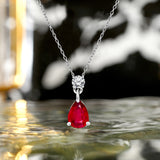 Classic 2 Carat Round and Pear Cut Dangle - Ruby - July Birthstone Pendant Necklace in 18k White Gold over Silver, Women