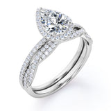 1.25 Carat pear cut Moissanite and Diamond Halo Wedding Ring Set in White Gold