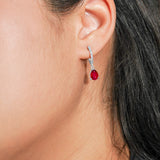 2.25 Carat Pear Brilliant Cut - Ruby - July Birthstone Pave Set Huggie Hoop Earrings - 18K White Gold Plating over Silver
