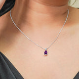 Classic 2 Carat Round and Pear Cut Dangle - Amethyst - February Birthstone Pendant Necklace in 18k White Gold over Silver, Women
