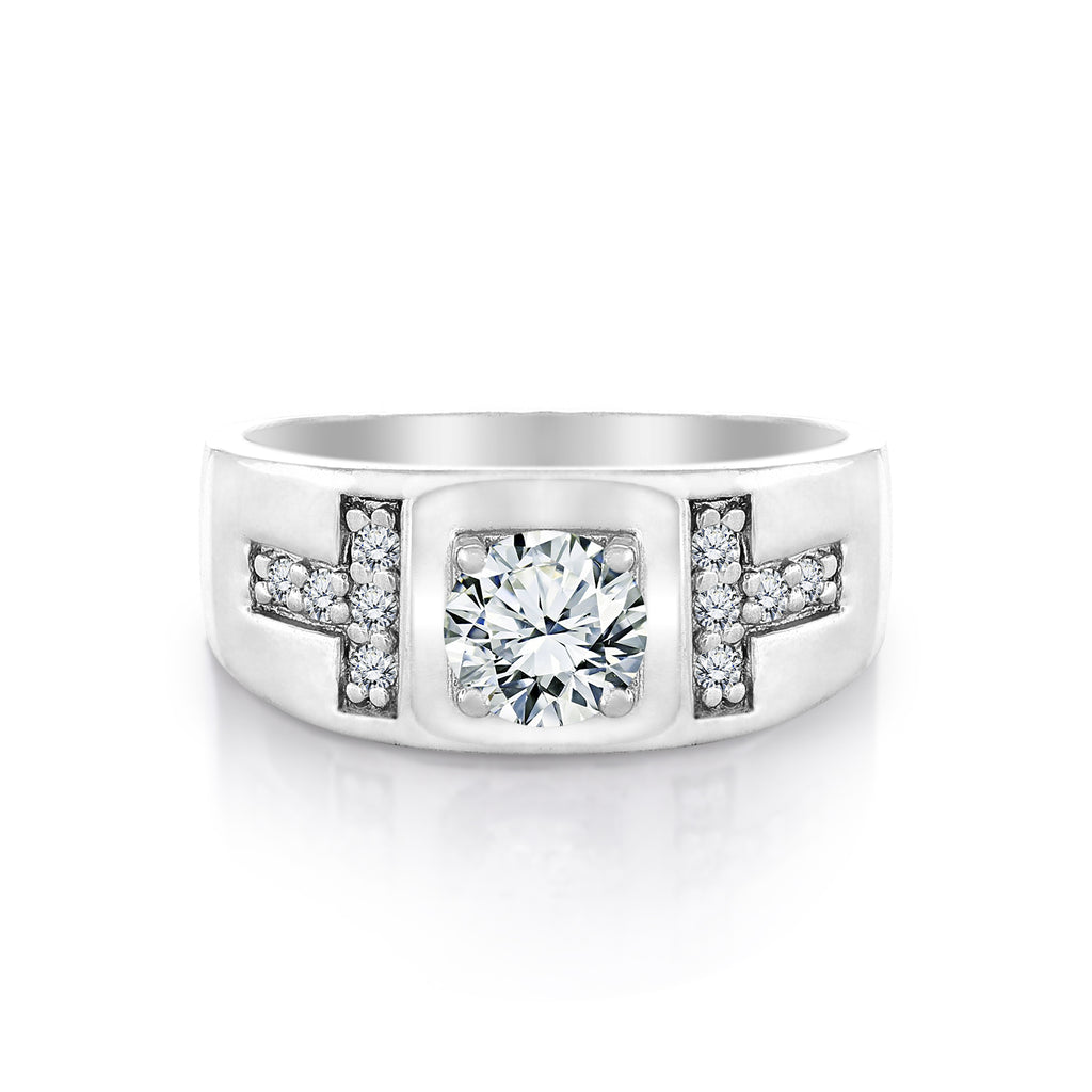 Stylish Men's 1.2 Carat Round Cut Moissanite - Clustered Side T-Shaped - Wedding Band Ring in 18K White Gold over Silver