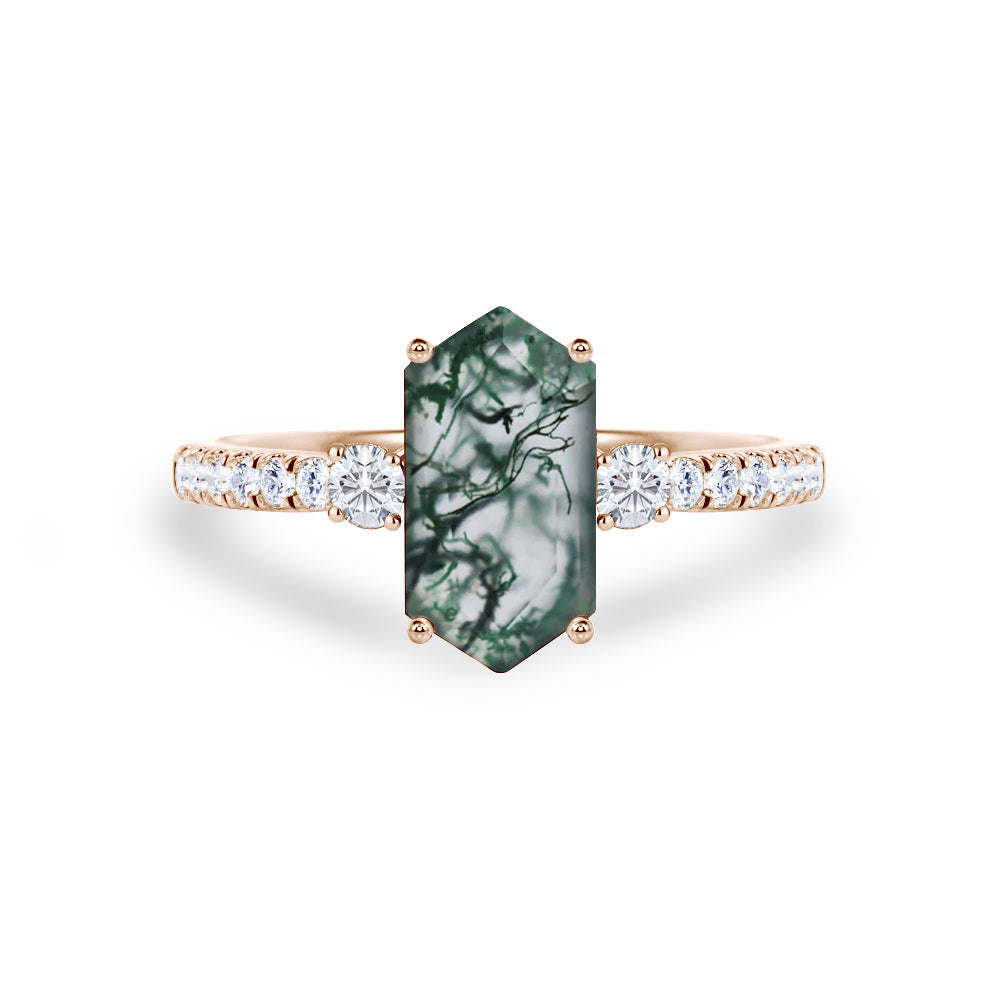 Trilogy 1.15 Ct Hexagon Cut Moss Agate Engagement Ring