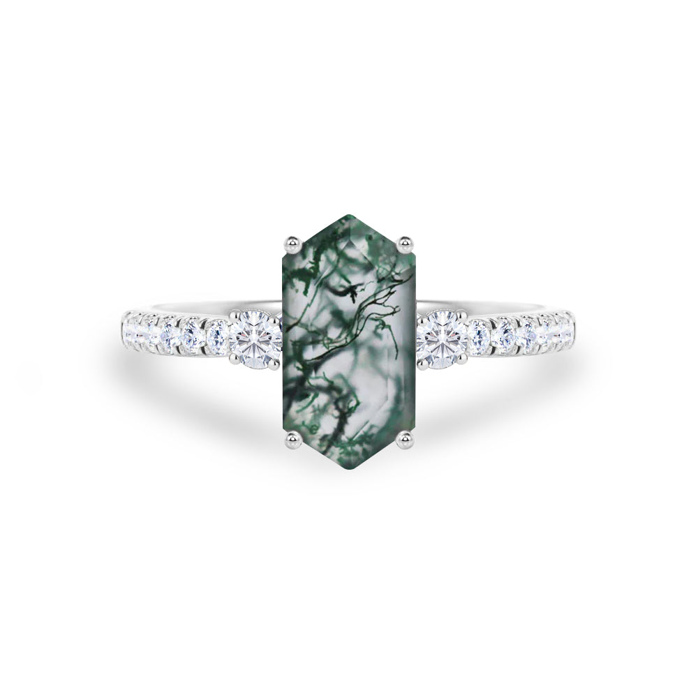 Trilogy 1.15 Ct Hexagon Cut Moss Agate Engagement Ring