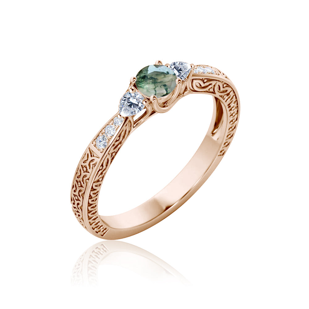 Nature-Inspired Three Stone Trellis 0.7 carat Moss Agate and Moissanite Engagement Ring in White Gold