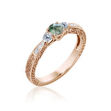 Nature-Inspired Three Stone Trellis 0.7 carat Moss Agate and Moissanite Engagement Ring in White Gold