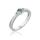 Nature-Inspired Three Stone Trellis 0.7 carat Moss Agate and Moissanite Engagement Ring in White Gold