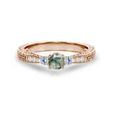 Nature-Inspired Three Stone Trellis 0.7 carat Moss Agate and Moissanite Engagement Ring in White Gold