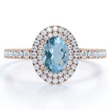 Double Halo 1.35 ct Oval Aquamarine Pave Engagement Ring