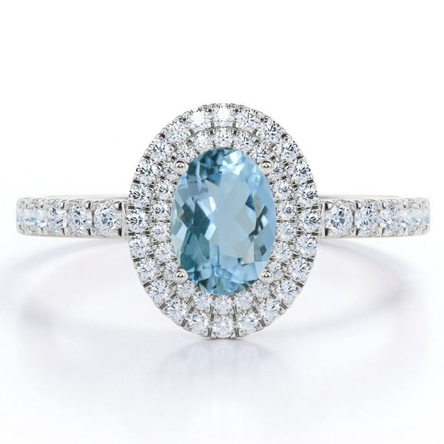Double Halo 1.35 ct Oval Aquamarine Pave Engagement Ring