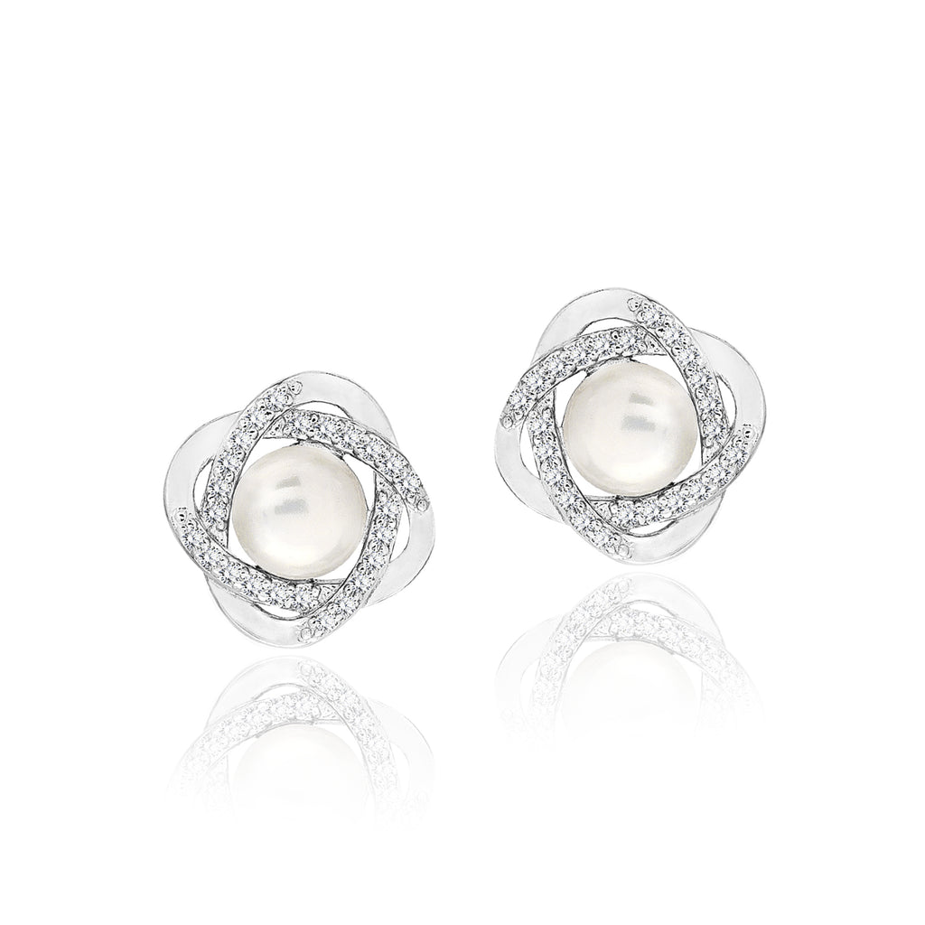 Twirling Flower and Pearl Stud Earrings for Women in Silver