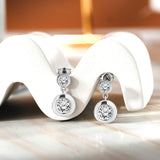 Sparkling 2.5 Carat Double Round Cut Stone - Bezel Set - Women's Dangle Earrings in Silver