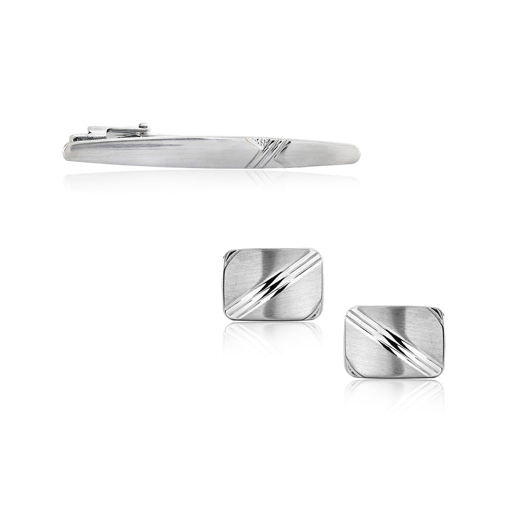 Rectangle Diagonal Lines Pattern Cufflinks and Tie Pin Clip Set- Men's Accessories - Formal Occasions