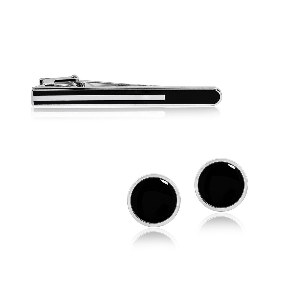 Round Black Enamel Cufflinks and Tie Pin Clip Set- Men's Suit Accessories - Formal Occasions