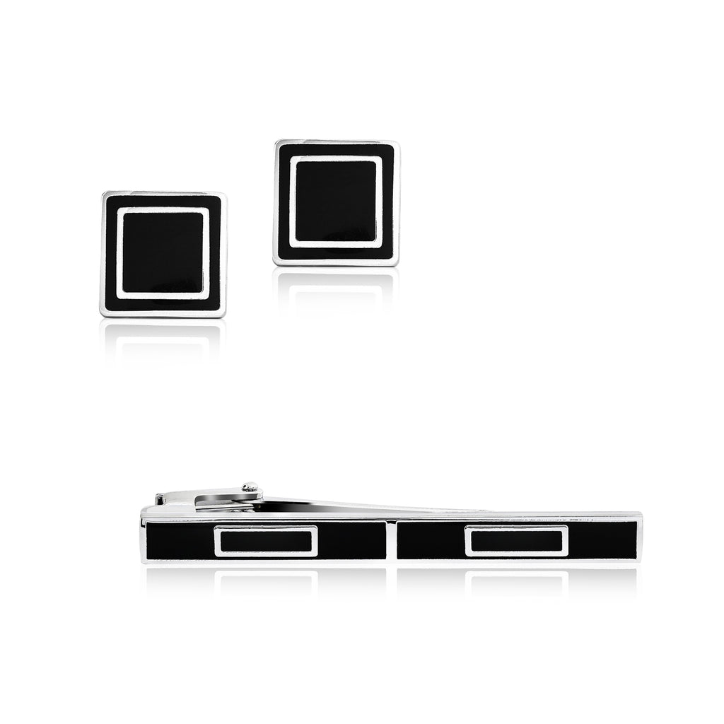 Plain Enamel Black Square Cufflinks and Tie Pin Clip Set - Personal Gift for Husband - Formal Occasions
