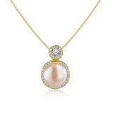 Double Round Halo Natural Pearl Pendant Necklace - Women's Everyday Jewelry - Birthday Present