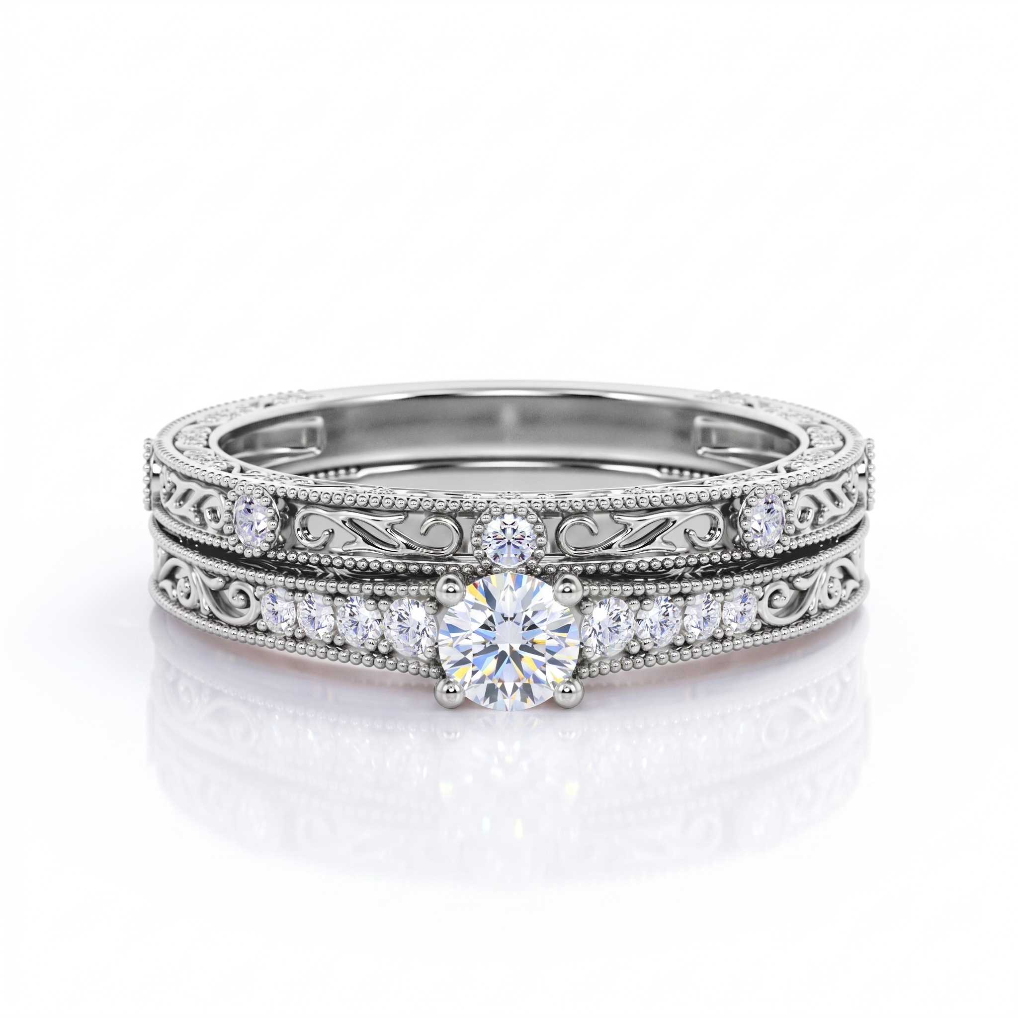 Vintage Edwardian 0.6 Ct Round Lab Diamond Bridal Set