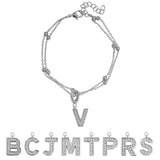 Lab  Diamond Initial "V" Lab  Diamond Letter Bracelet - Double Layer Alphabet Jewelry - 18K White Gold Plating for Women