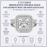 JeenMata 2.75 Carat Princess Cut Moissanite Double Halo Split Shank Engagement Ring Set in 18K White Gold Plated for Women