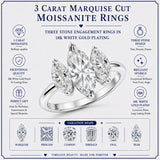 JeenMata 3 Carat Marquise Cut Moissanite Rings - Three Stone Engagement Rings in 18K White Gold Plating for Women