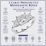 JeenMata 3.75 Carat Princess Cut Moissanite Rings - Three Stone Engagement Rings in 18K White Gold Plating for Women