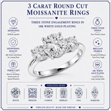 JeenMata 3 Carat Round Cut Moissanite Rings - Three Stone Engagement Rings in 18K White Gold Plating for Women