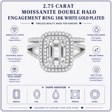 JeenMata 2.75 Carat Emerald Cut Moissanite Double Halo Split Shank Engagement Ring Set in 18K White Gold Plated for Women