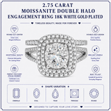 JeenMata 2.75 Carat Round Brilliant Cut Moissanite Double Halo Split Shank Engagement Ring Set in 18K White Gold Plated for Women