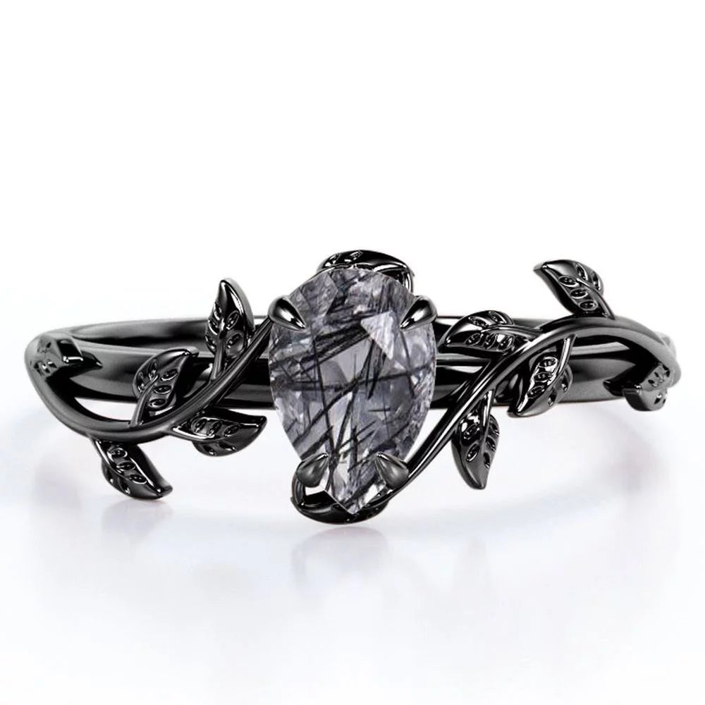 Botanical Design 1 ct Pear Black  Rutilated Quartz Engagement Ring