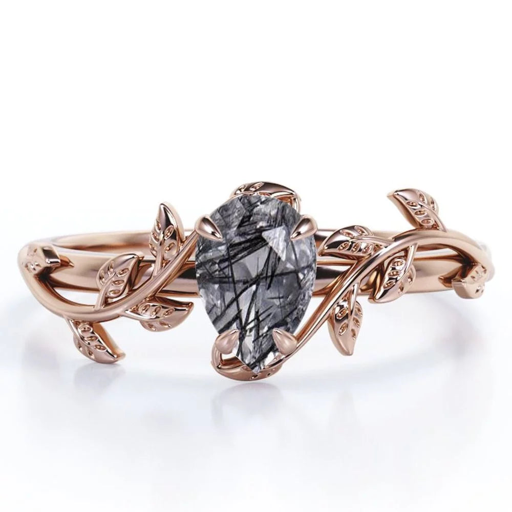 Botanical Design 1 ct Pear Black  Rutilated Quartz Engagement Ring