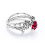 Nature Inspired 1 ct Round Lab-Created Ruby Wedding Set
