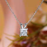 Claw Set Solitaire 1 Carat Princess Cut Certified Moissanite Double Bail Pendant Necklace in White Gold