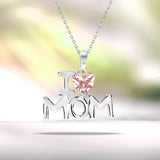 I Love Mom Heart Shaped Pink Stone Pendant Necklace with 18K White Gold over Silver - October Birthstone - Mother's Day Jewelry Gift