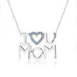 I Love U Mom Ice Blue Stone Embellished Open Heart Pendant Necklace in 18K White Gold over Silver - March Birthstone - Gift for Mom