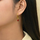 2 Carat Emerald Cut - Garnet - January Birthstone Bezel Huggie Hoop Earrings - 18K Yellow Gold Plating