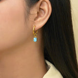 2 Carat Emerald Cut - Aquamarine - March Birthstone Bezel Huggie Hoop Earrings - 18K Yellow Gold Plating