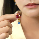 2 Carat Emerald Cut - Blue Sapphire - September Birthstone Bezel Huggie Hoop Earrings - 18K Yellow Gold Plating