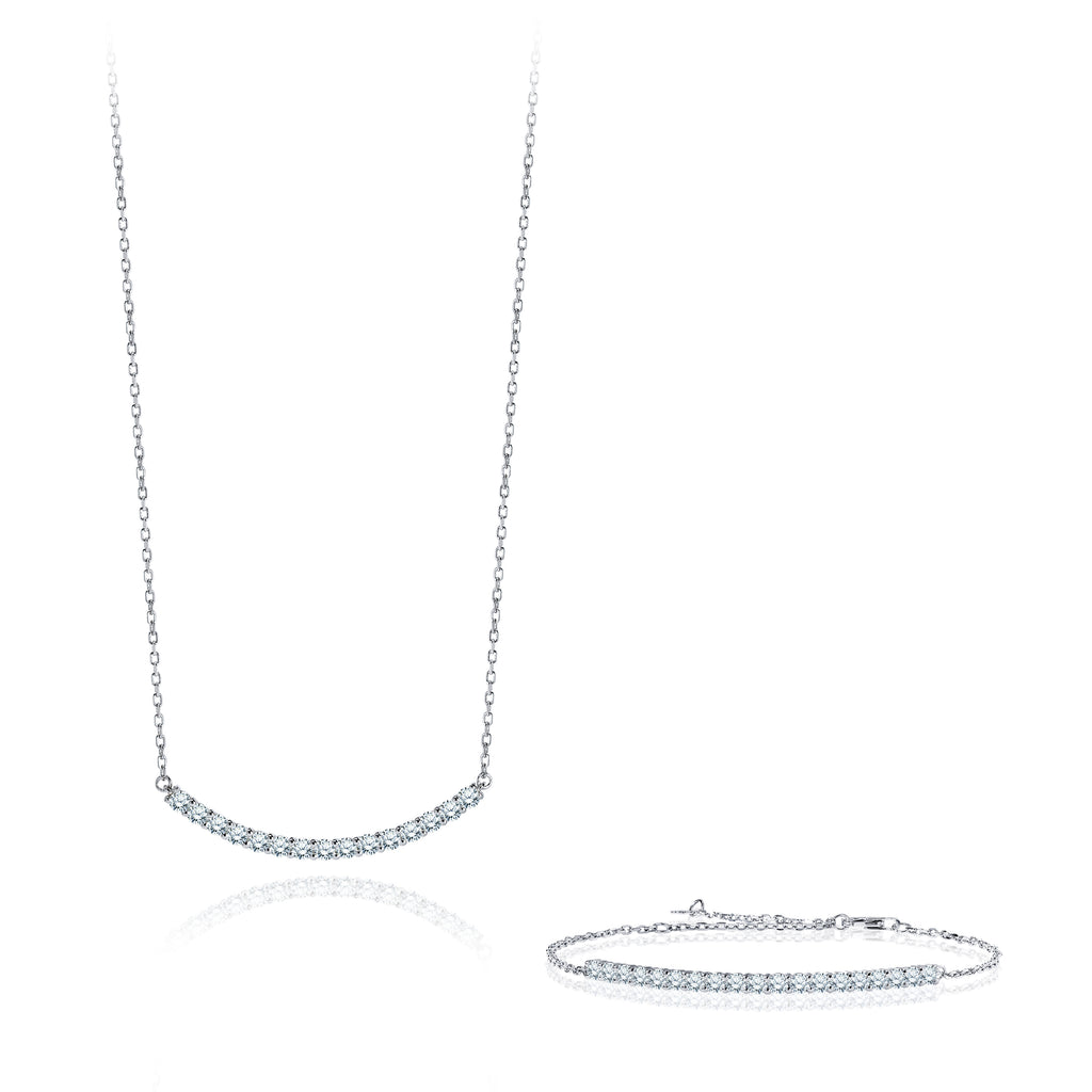 Set Curved Bar Round-Shaped Moissanite Necklace and Bracelet in 18K over Silver - Necklace and Bracelet Set