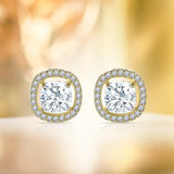 Brillant 2 ct Cushion Halo Prong Pave Setting Stud Earrings in 18K Yellow Gold over Silver