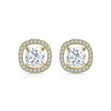 Brillant 2 ct Cushion Halo Prong Pave Setting Stud Earrings in 18K Yellow Gold over Silver