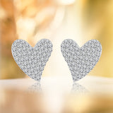 Beautiful Heart-shaped Pave Stud Earrings in 18k White Gold over Silver