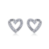 Elegant Heart-shaped Channel Baguette Stud Earrings in 18k White Gold over Silver